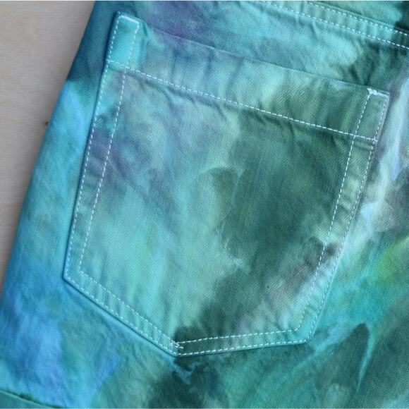 Ice Dyed Denim Shorts - High-rise Pleated - Upcycled - Jade Purple (Women's 27) - Picture 12 of 12